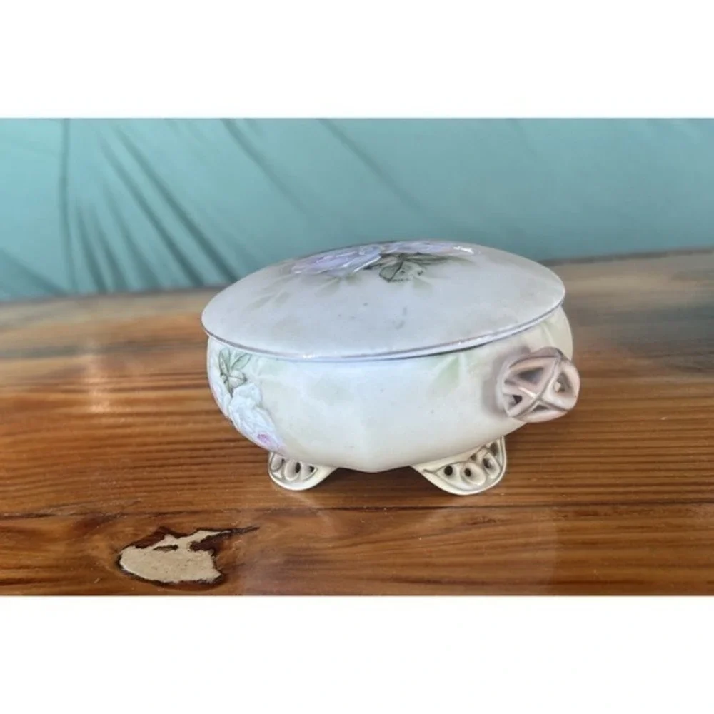 2-PC‎ Antique Bayreuth Bavaria Ivory Vanity Basket & Trinket Dish Artist Signed